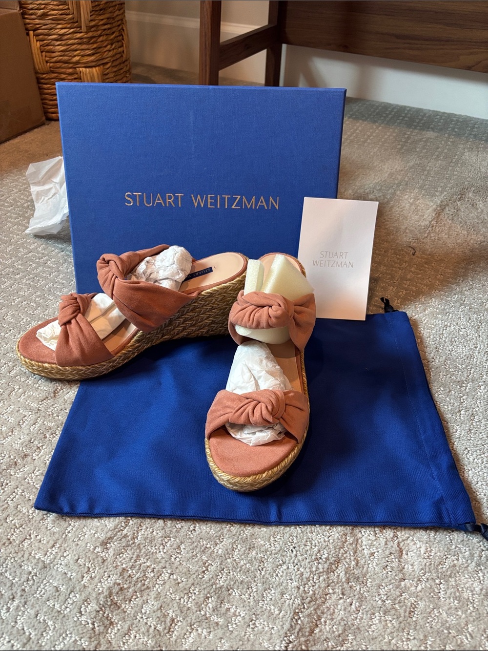 Stuart Weitzman Sarina Suede Knotted Espadrille Wedge Sandals in Rust, W9